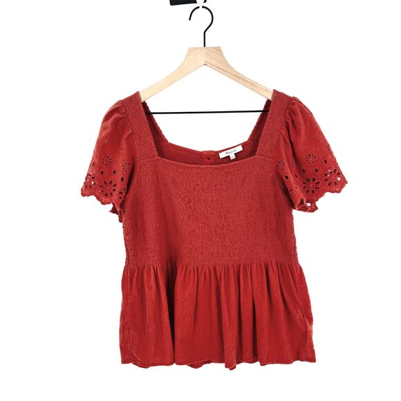 Madewell Rust Eyelet-Sleeve Lucie Smocked Peplum Top Size Large - Picture 3 of 8